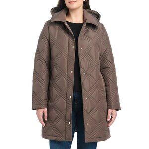Jones New York Women's L Quilted Hooded Coat Polyester Brown